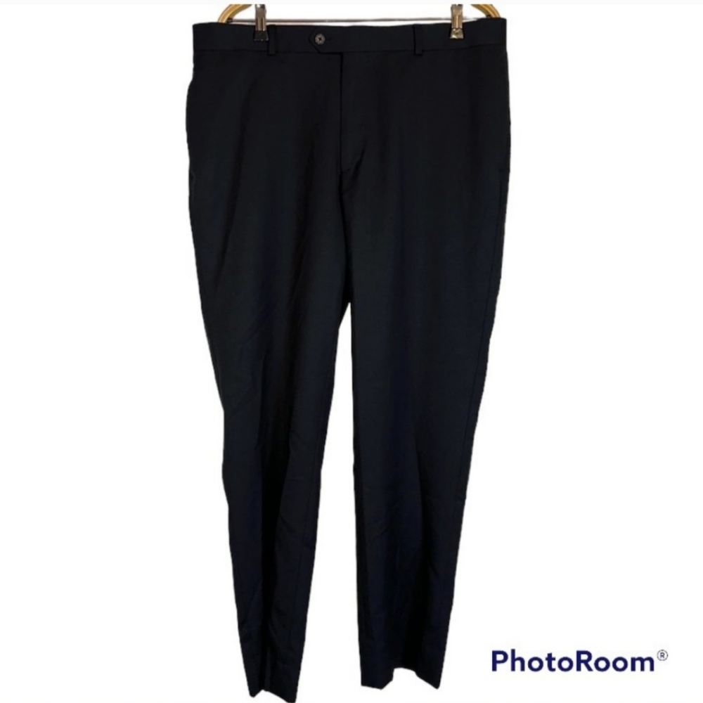 Egara Slim Fit 100% Wool Flat Front Dress Pants Men's W38xL31 Black